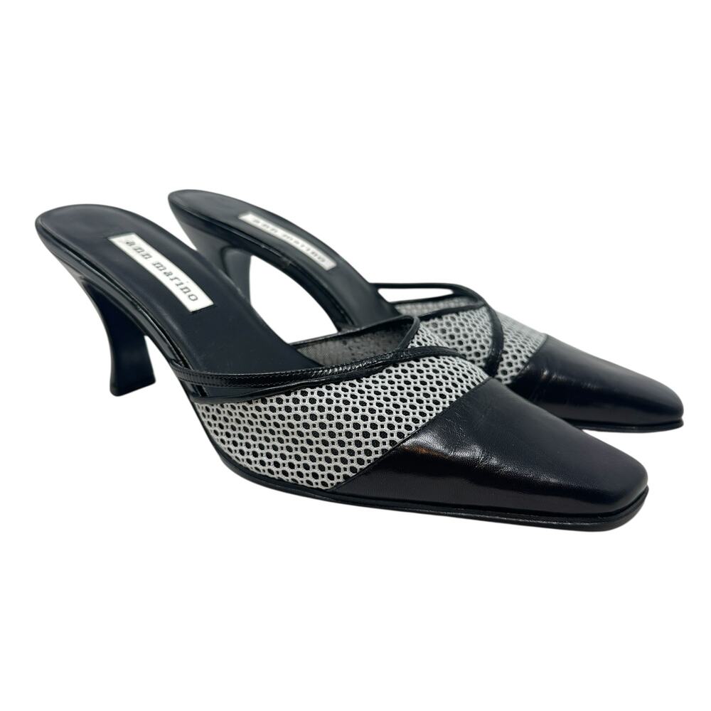 Vintage Ann Marino Mesh Mule Heels Black White Square Toe Kitten Heel Womens 8.5